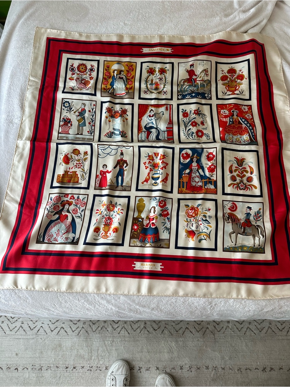 Hermes Silk Scarf in Red, Navy & Cream with Folk Figure Motif